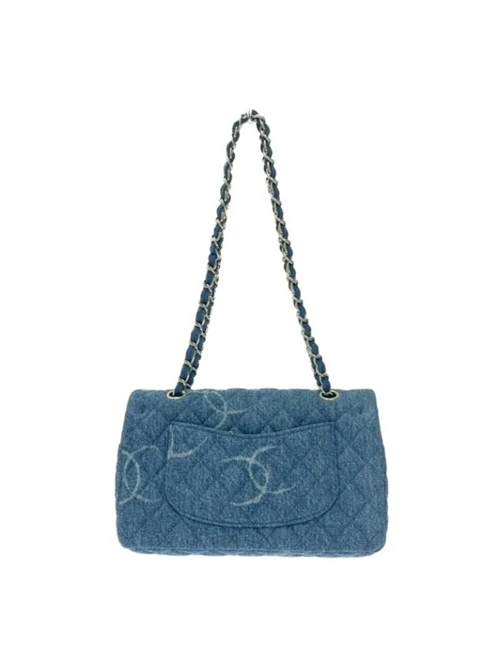 Chanel Quilted Denim Print Chain Shoulder Bag Blue